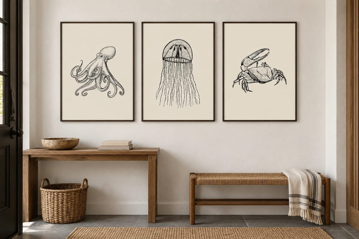 Octopus, jellyfish, and crab triptych above a wood console.