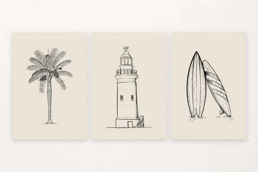 Three minimal coastal icons: curved palm, lighthouse, and two surfboards.