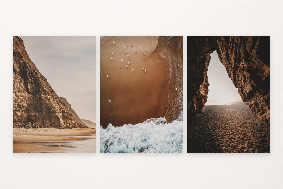 Three coastal views with cliffs, overhead surf, and a stone arch.