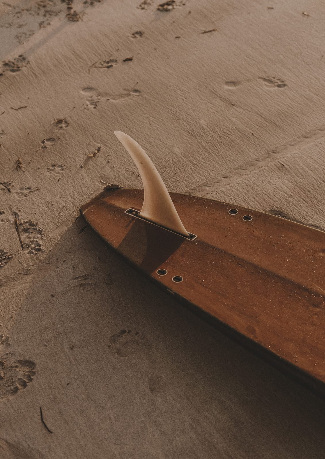 wooden surfboard tail on sand.