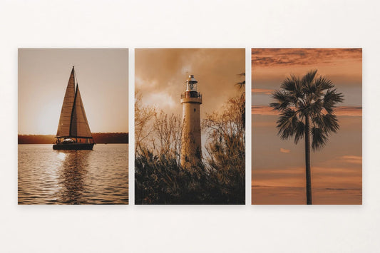Warm sunset set with a sailboat, lighthouse, and palm silhouette.