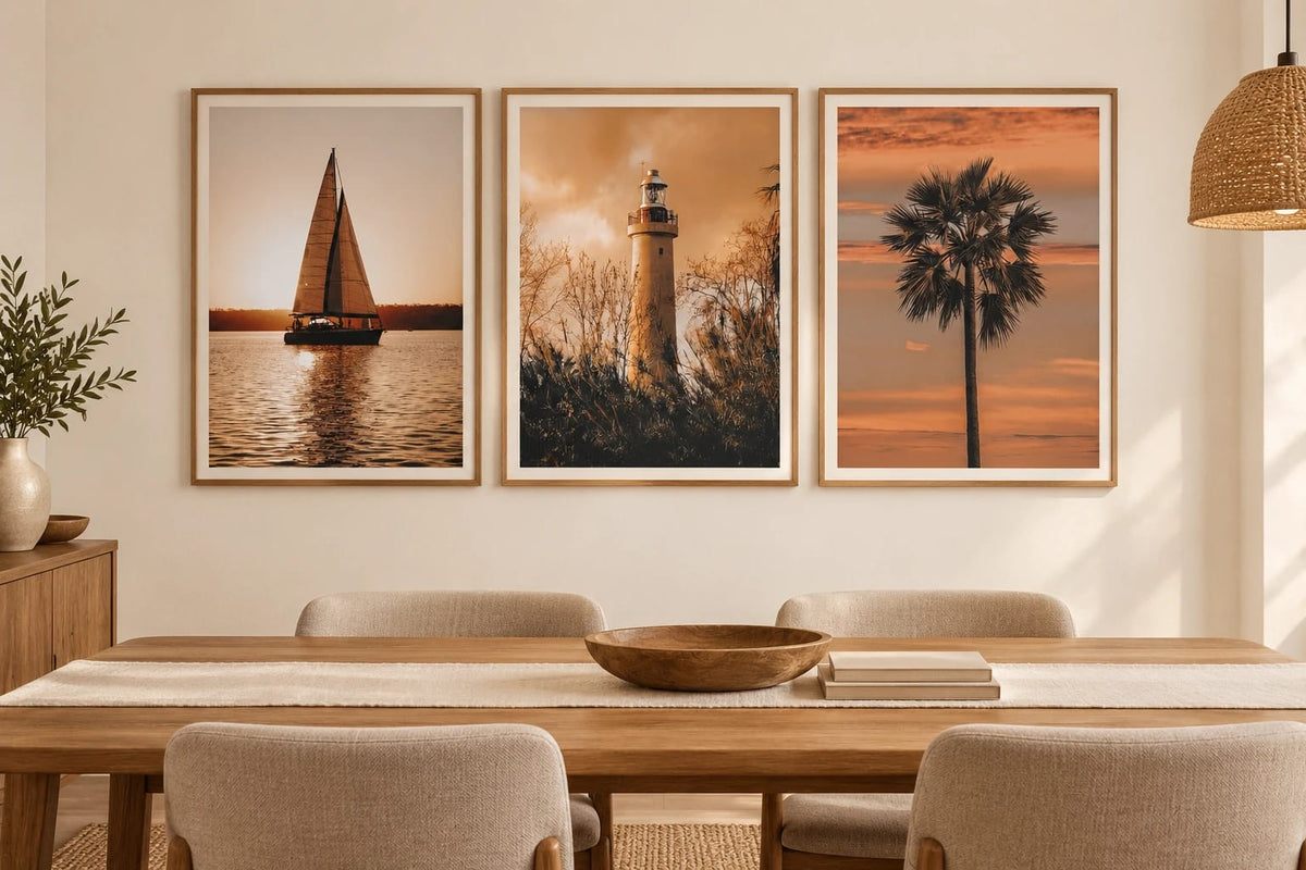 Sunset prints in a light dining room.