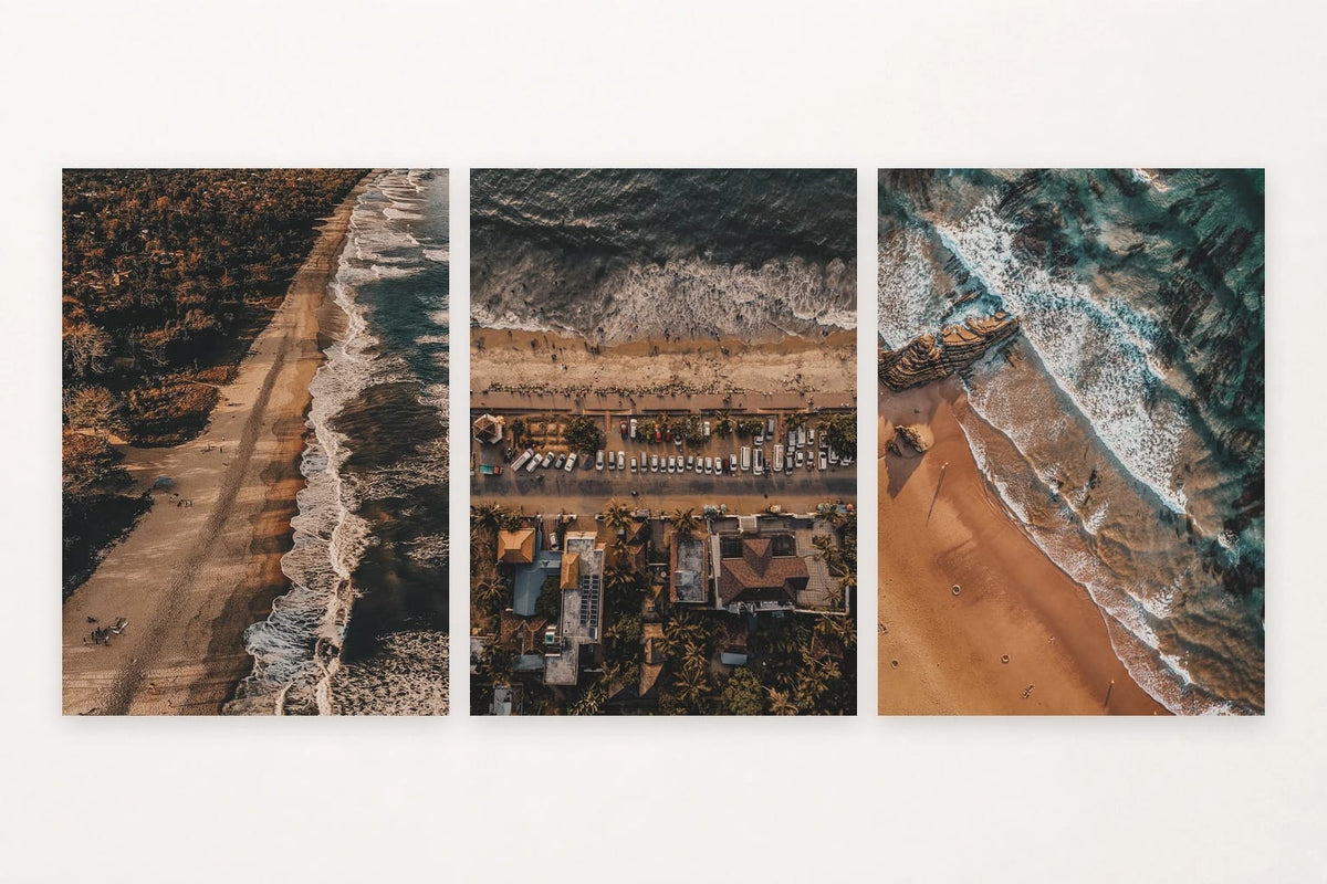 Three coastal views: aerial shoreline, beach buildings, and a wave at rock.