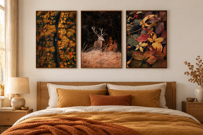 Autumn forest prints in a warm bedroom.