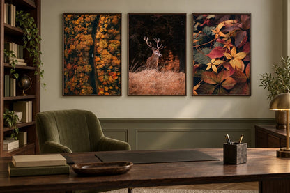 Three woodland scenes in an olive office with a wood desk.