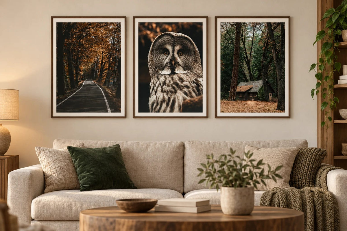 Three woodland prints above a sofa with a green pillow.