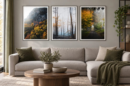 Three muted woodland views above a sofa with olive cushions.
