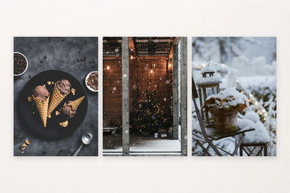 Winter prints with chocolate ice cream, a lit holiday tree, and a snowy potted plant.