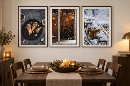 Winter prints in a warm dining room.