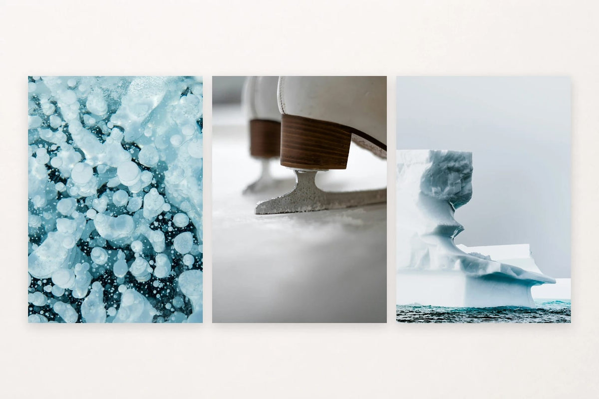 Rounded ice details sit beside a skate and a broad iceberg view.
