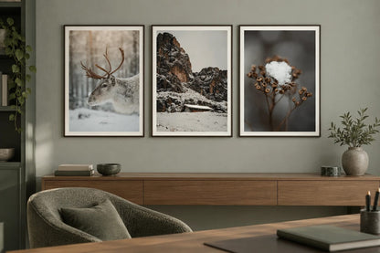 Winter prints hang in a home office with dark frames and oak furniture.