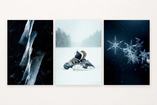 Angular ice, dark skates, and a close snowflake view balance bold and delicate forms.
