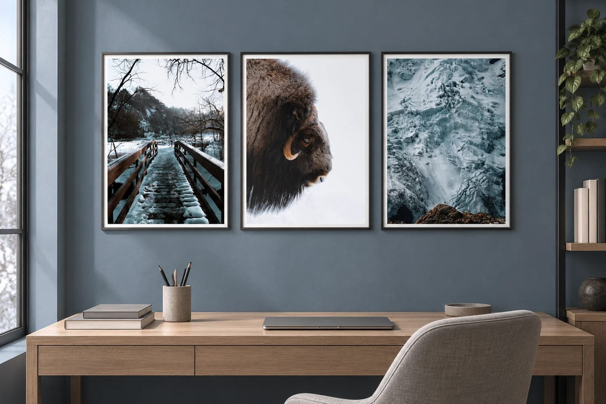 Three winter prints hang in an office with a blue-gray wall.
