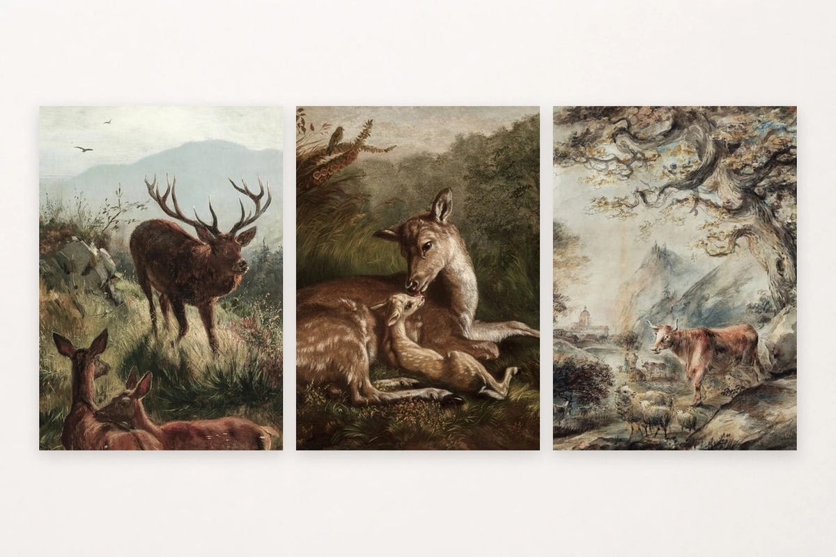 Three animal scenes with deer, a doe and fawn, and farm animals under a tree.