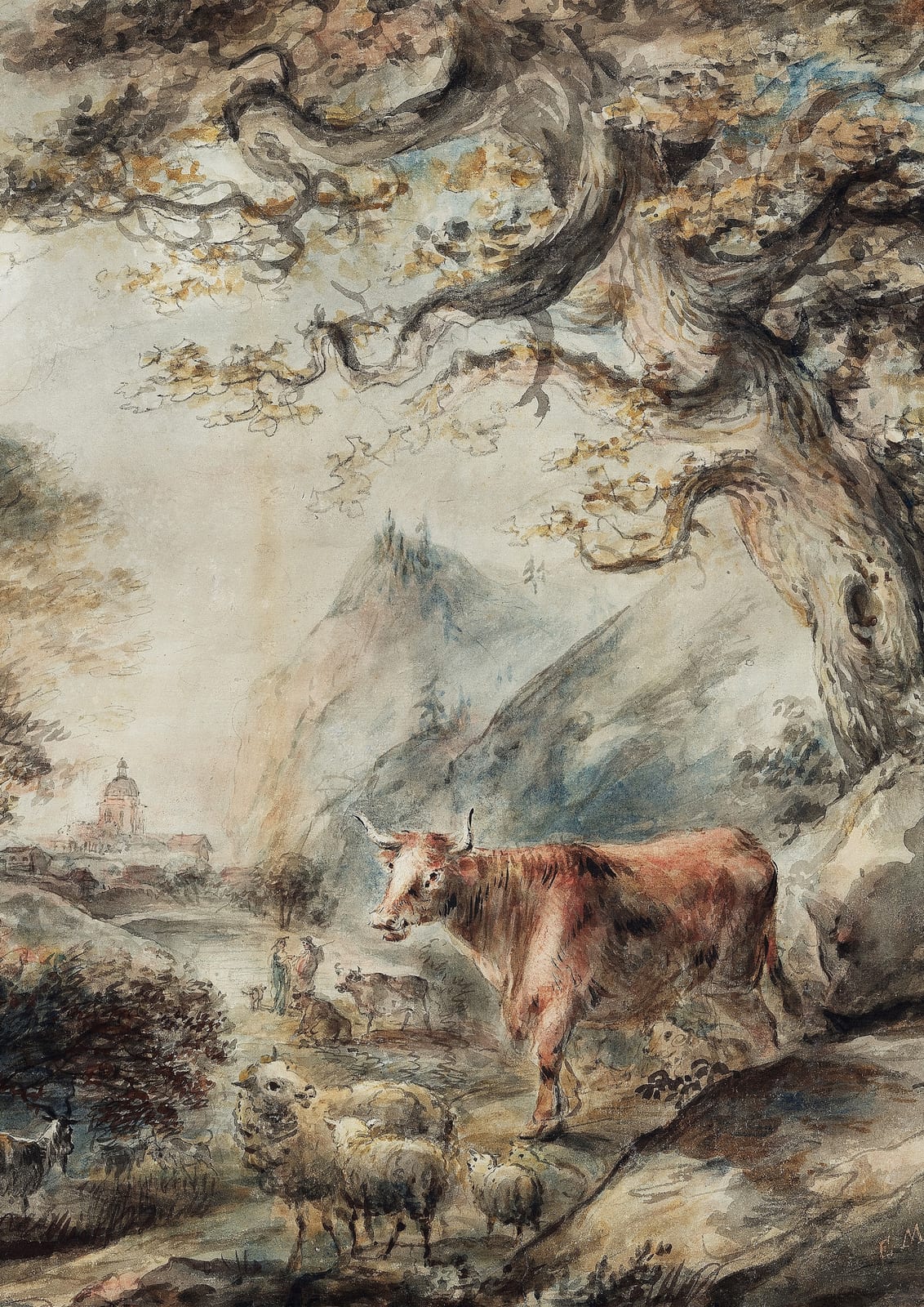 cow and sheep beneath a tree.