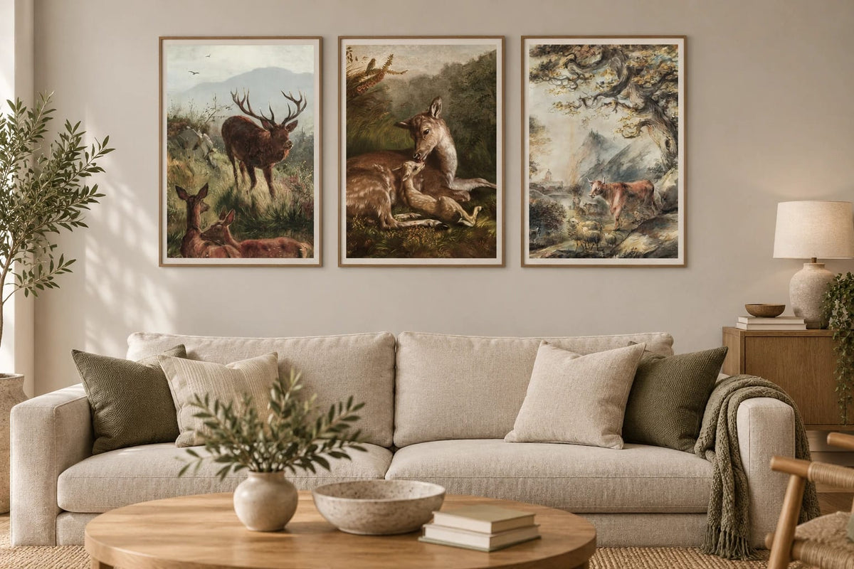 Animal prints above a linen sofa in a light living room.