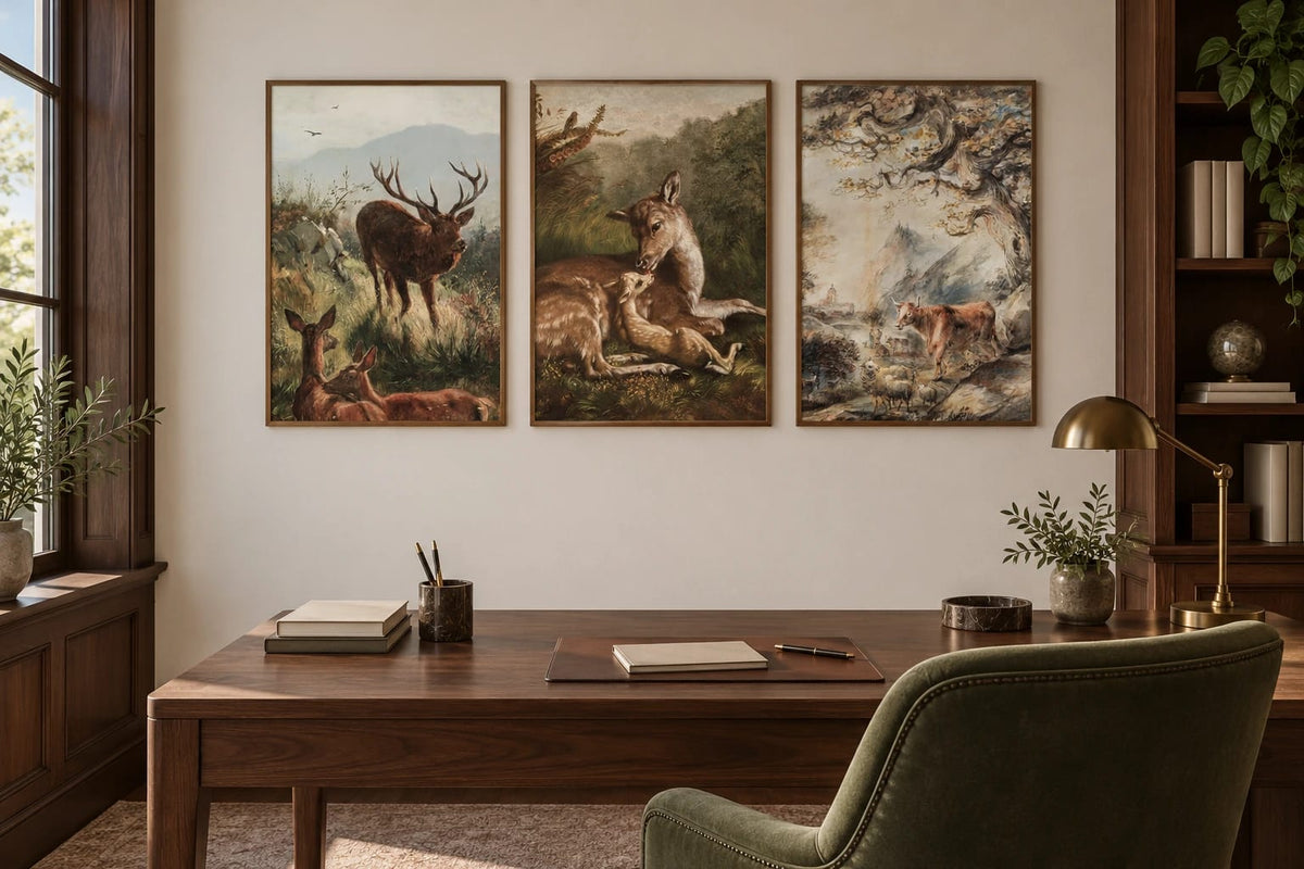 Three pastoral prints over a wooden desk in an office.