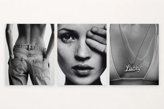 Three black-and-white photos show a figure in jeans, a close portrait, and a pendant marked Lucky.