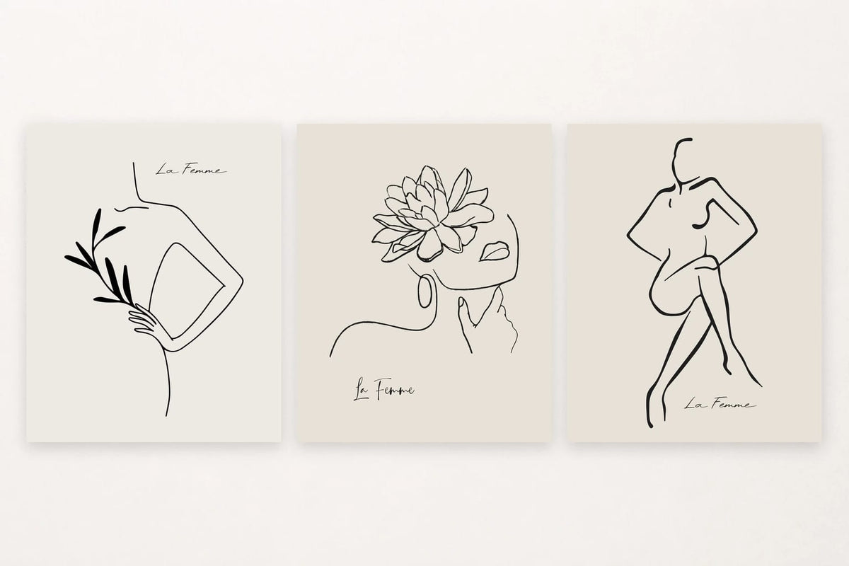 Woman with a branch, profile with a flower, and seated figure.