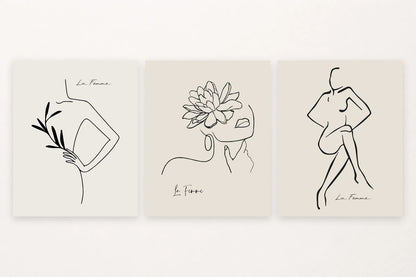 Woman with a branch, profile with a flower, and seated figure.