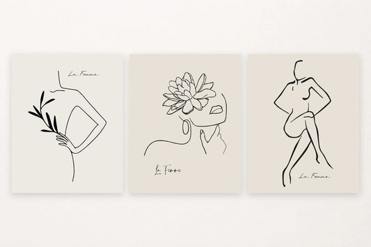 Woman with a branch, profile with a flower, and seated figure.