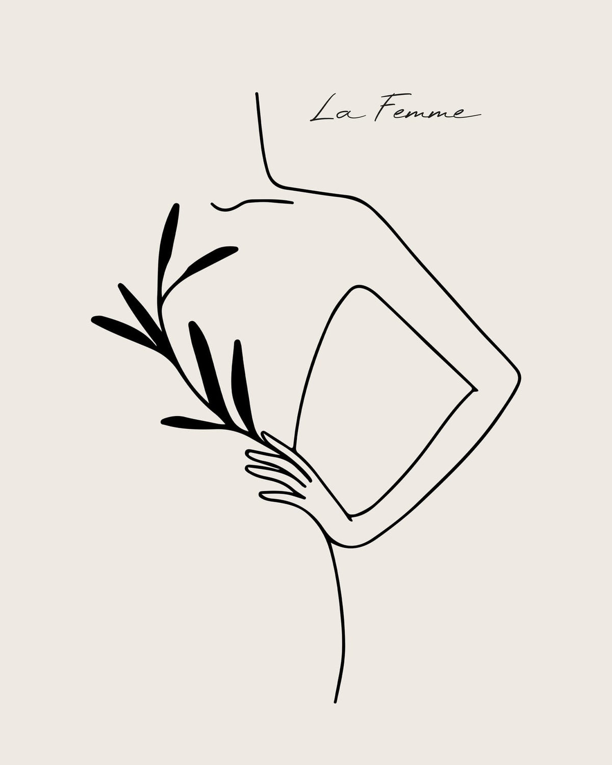 A woman drawn beside a branch on a light background.