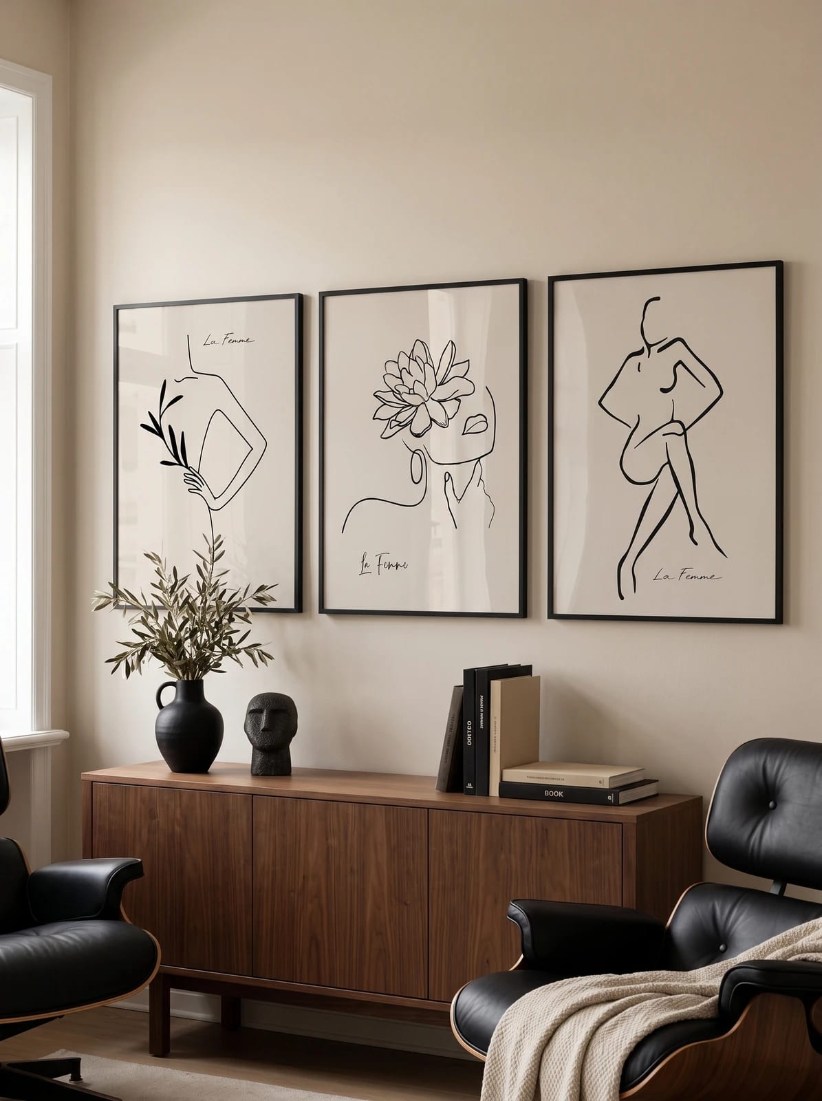 Three prints displayed above a wooden sideboard.