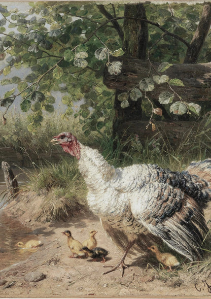 A turkey and her chicks stand in grass beneath shrubs.