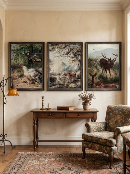Three animal prints arranged together in a room view; frames are not included.