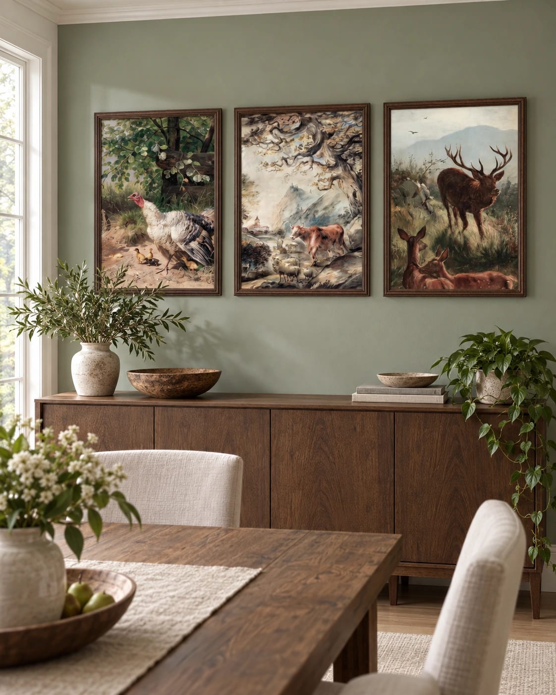 The three-print animal set shown together on a wall; frames are not included.