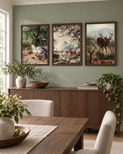The three-print animal set shown together on a wall; frames are not included.