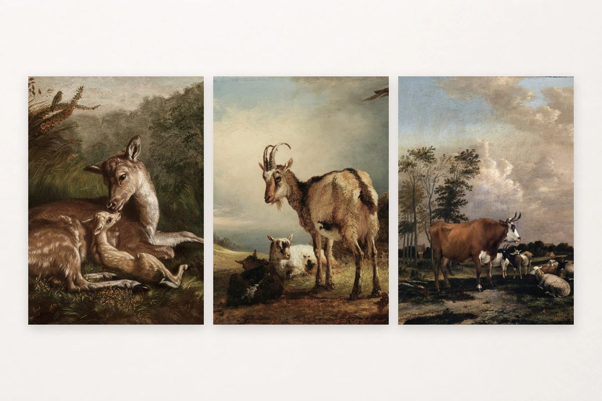 Three animal prints: a doe with her fawn, a goat with kids, and a cow with sheep near trees.