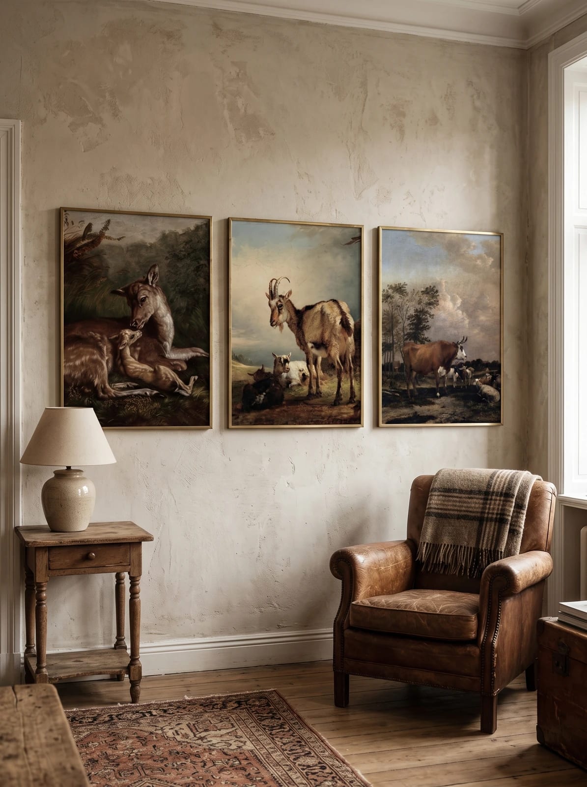 The three animal prints grouped together in a room view; frames are not included.
