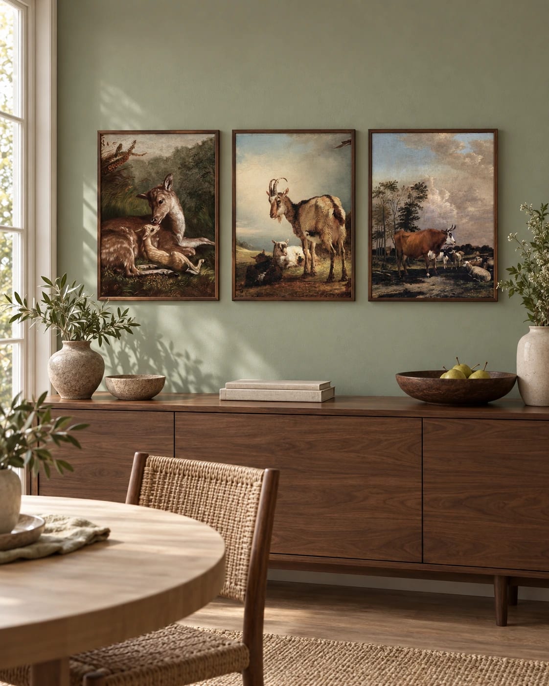 Doe, goat, and farm animal prints arranged together on a wall; frames are not included.