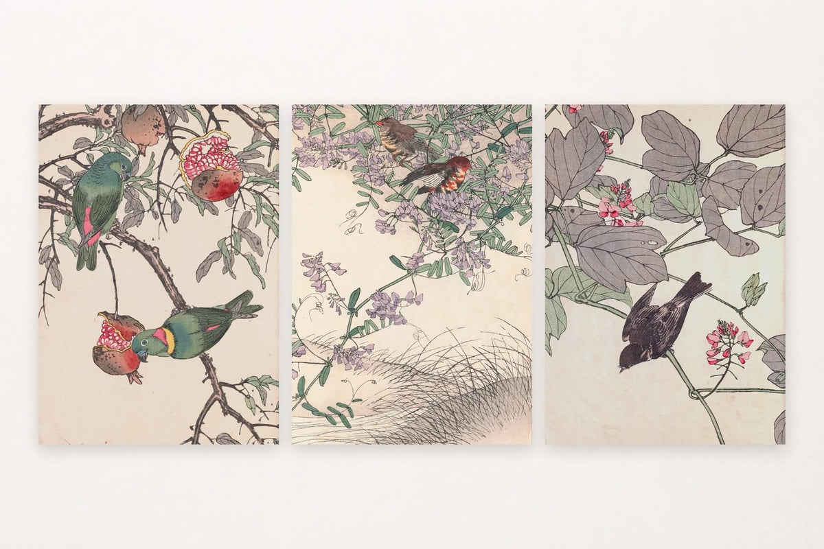 Three bird prints pair green parrots, flowering branches, and a dark bird among pink blossoms.