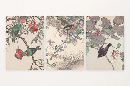 Three bird prints pair green parrots, flowering branches, and a dark bird among pink blossoms.