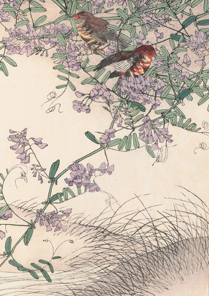 Birds perch among flowering branches; small lilac blossoms and green leaves repeat across the set.