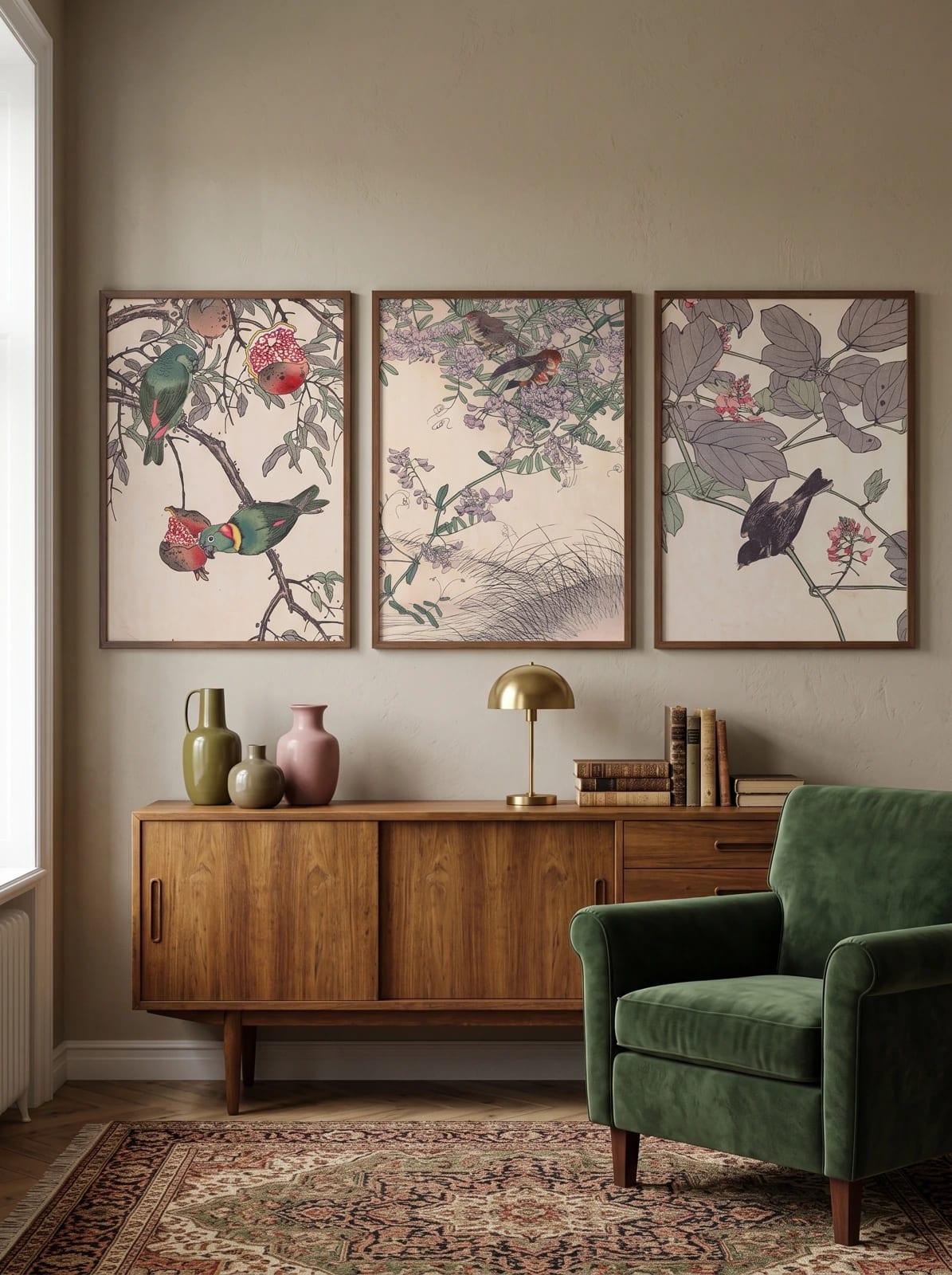 Three bird-and-blossom prints grouped in a room view; frames are not included.