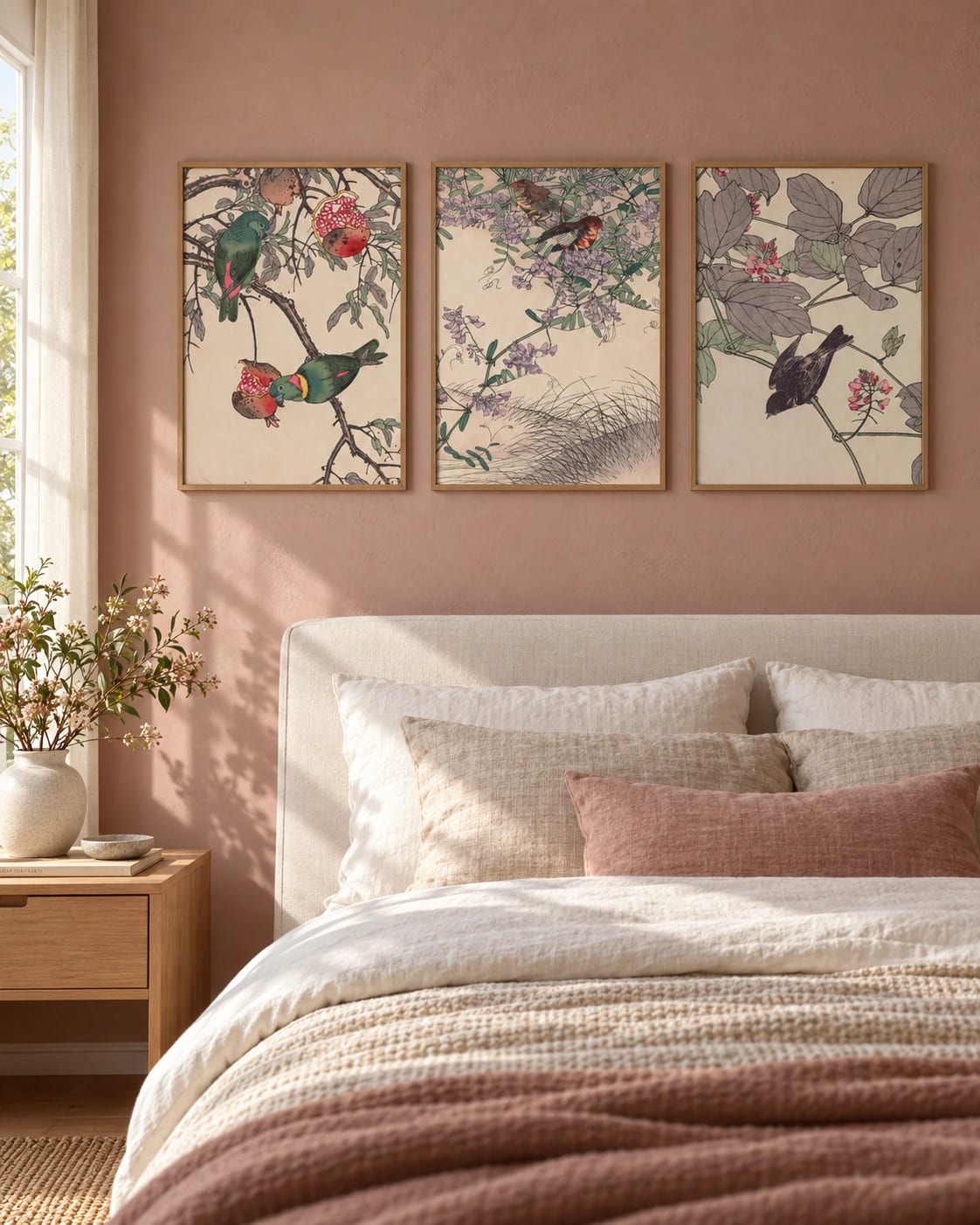 All three bird prints arranged together on a wall; frames are not included.