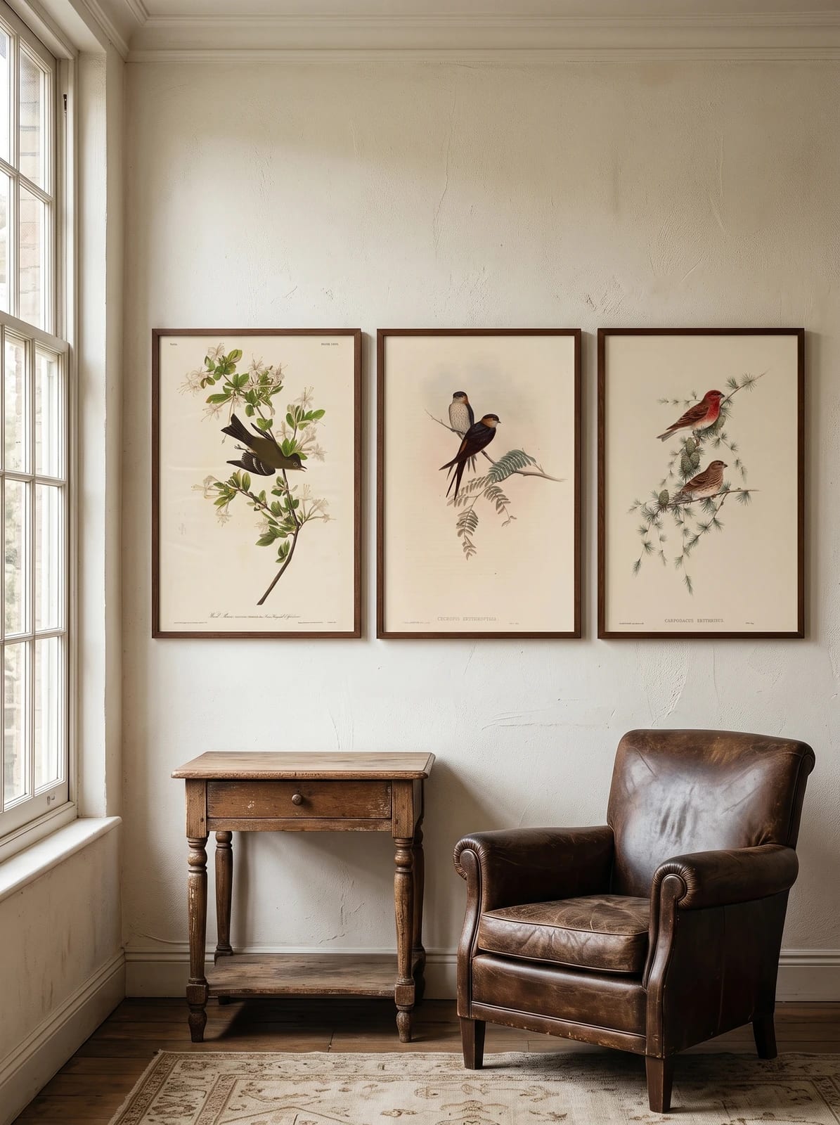 Three prints above a small table beside a leather chair.