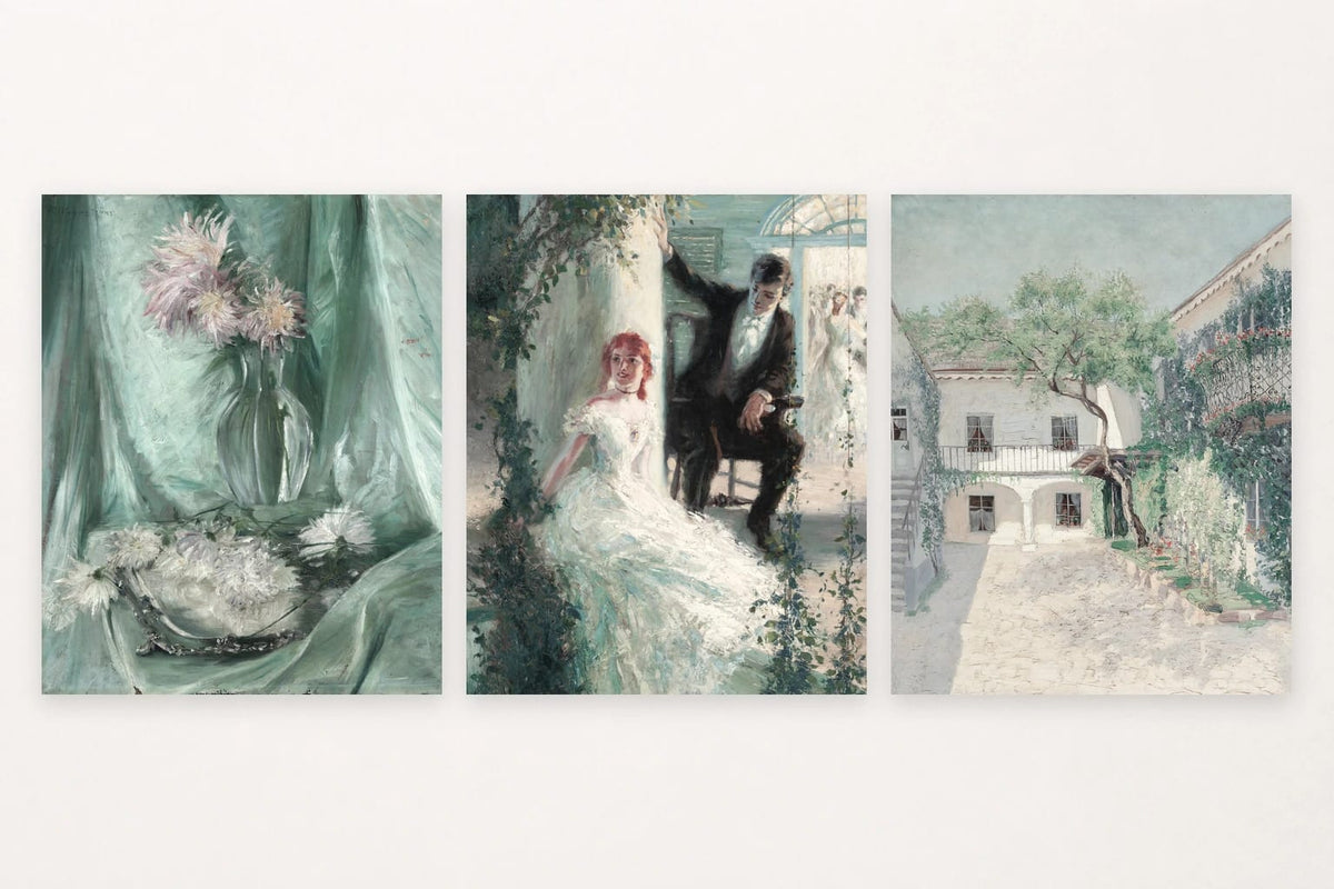 Painted flowers, figures among greenery, and a sunny courtyard.