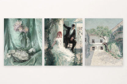 Painted flowers, figures among greenery, and a sunny courtyard.