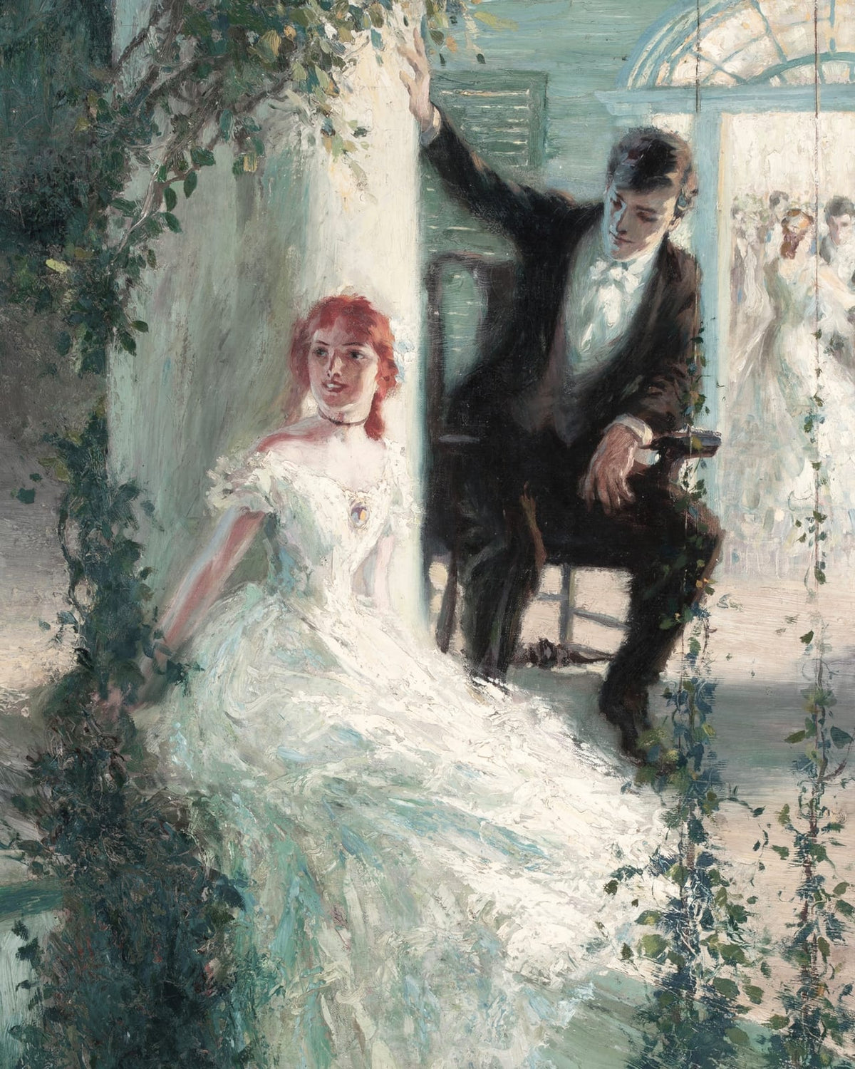 Two figures among green plants.