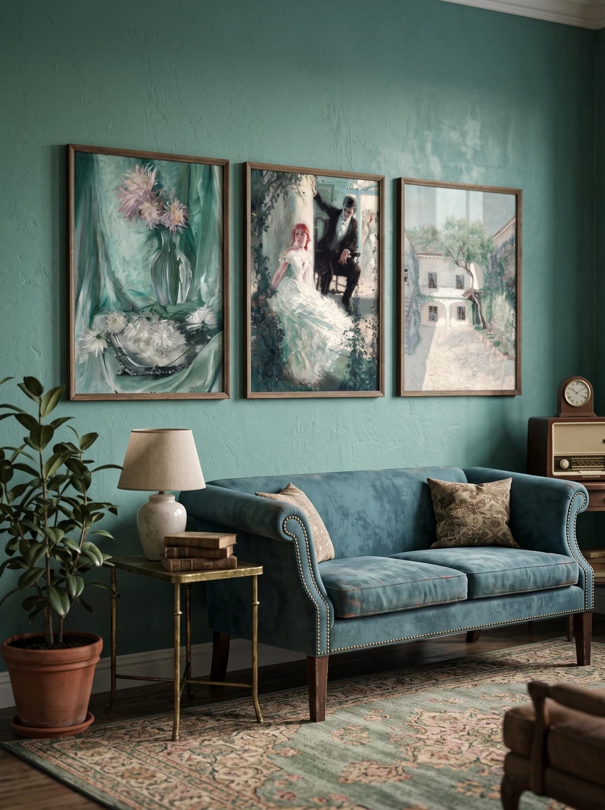 Three colorful prints grouped on a turquoise wall above a sofa.
