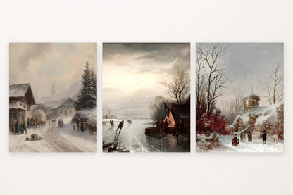Snowy village street, people on a frozen river, and homes among trees.