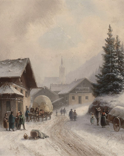 A snow-covered village street lined with buildings.