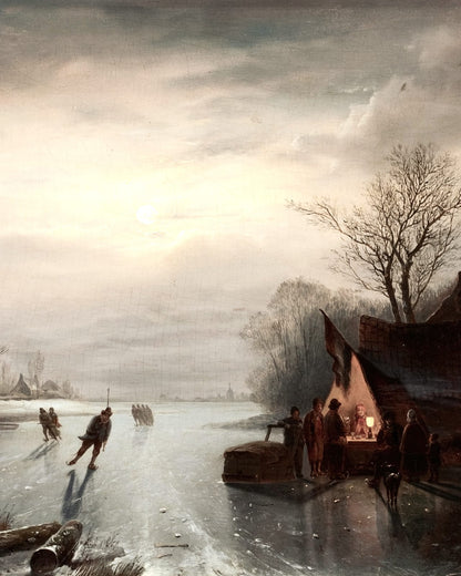People moving across a frozen river.