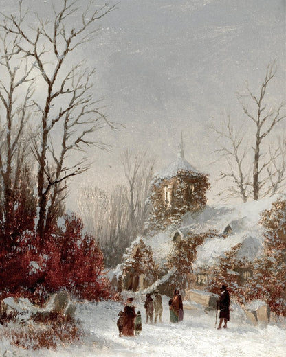 Village houses among snow-covered trees.
