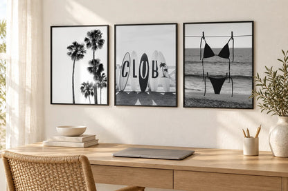 Three black-and-white coastal prints grouped on a wall; frames are not included.