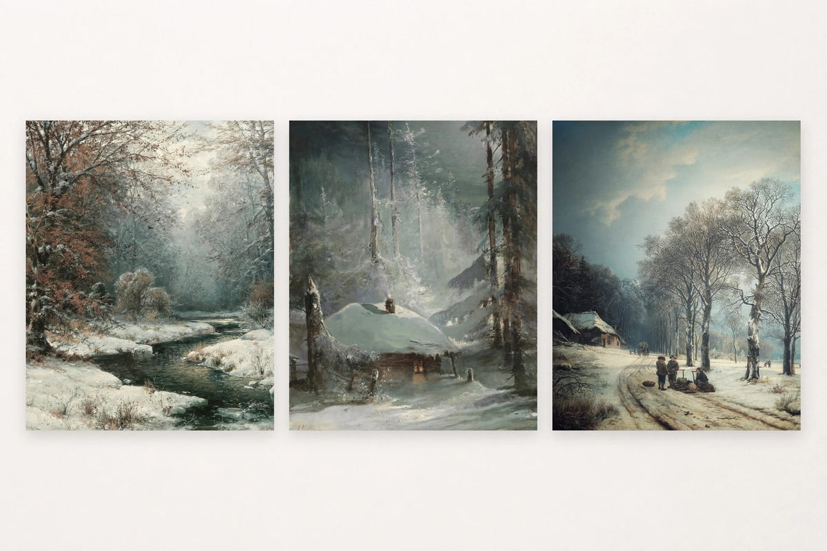 Snowy stream, cabin among dark trees, and a winter road.
